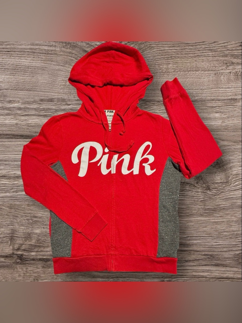 Victoria's Secret PINK Red Zip-Up Hoodie with Gray Side Panels